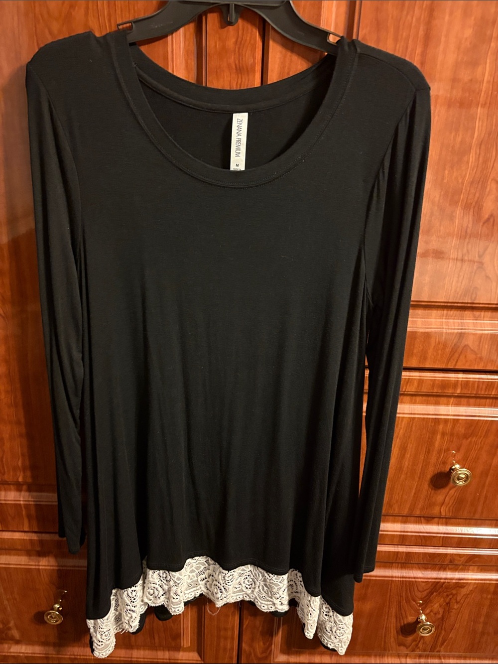 Black Long-Sleeve Tunic with White Lace Hem